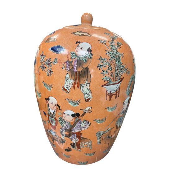 Vintage Chinese Large Peach Porcelin lidded boys play Macau Chinoserie SKU 9736 - Picture 13 of 13
